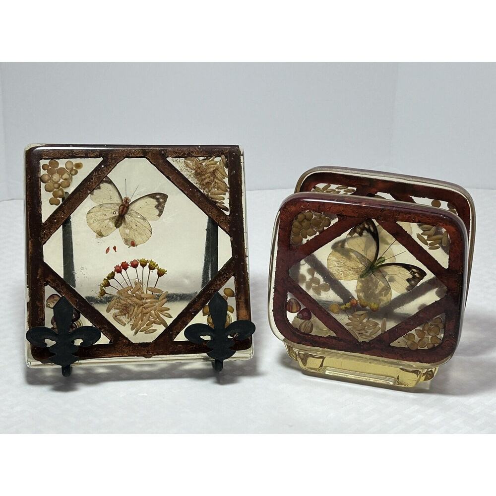 Vintage Lucite Napkin Holder And Trivet With Butterfly Dried Flowers And‎ Seeds